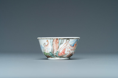 A rare Chinese famille rose miniature 'Leda and the swan' cup and saucer, Yongzheng/Qianlong