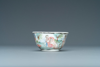 A rare Chinese famille rose miniature 'Leda and the swan' cup and saucer, Yongzheng/Qianlong