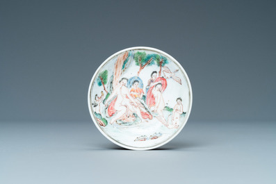A rare Chinese famille rose miniature 'Leda and the swan' cup and saucer, Yongzheng/Qianlong