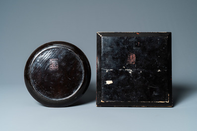 A Chinese lacquered and painted wooden 'Feng Shui' compass, various marks, 19th C.