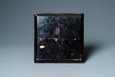 A Chinese lacquered and painted wooden 'Feng Shui' compass, various marks, 19th C.