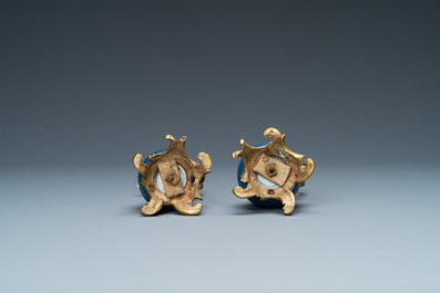 Two Chinese monochrome blue vases mounted as ewers with gilt bronze, Kangxi and 19th C.
