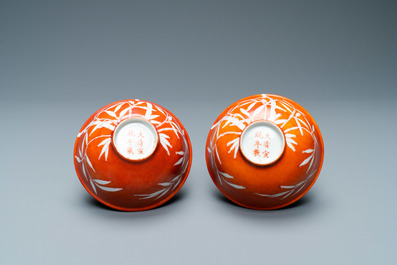 A pair of Chinese 'bamboo' coral red-ground bowls, Xuantong mark, Republic