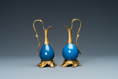 Two Chinese monochrome blue vases mounted as ewers with gilt bronze, Kangxi and 19th C.