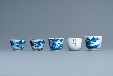 Five Chinese blue and white 'Bleu de Hue' cups for the Vietnamese market, 19th C.
