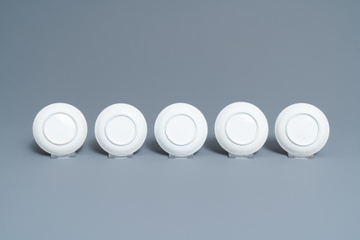 Five Chinese blue and white cups and saucers, Kangxi