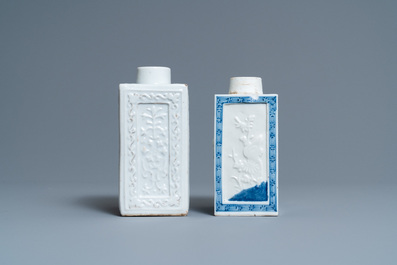 Two Chinese blanc de Chine and blue and white relief-moulded tea caddies, 19th C.