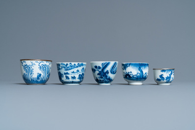 Five Chinese blue and white 'Bleu de Hue' cups for the Vietnamese market, 19th C.