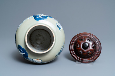 A Chinese blue, white and copper-red celadon-ground 'birds and deer' vase, Kangxi