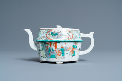 An unusual Chinese Canton famille verte teapot and cover, 19th C.