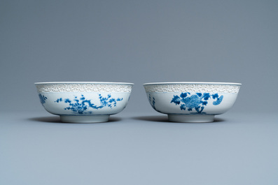 A pair of Chinese blue and white 'immortals' bowls, Kangxi