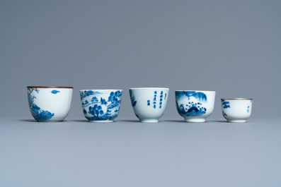 Five Chinese blue and white 'Bleu de Hue' cups for the Vietnamese market, 19th C.