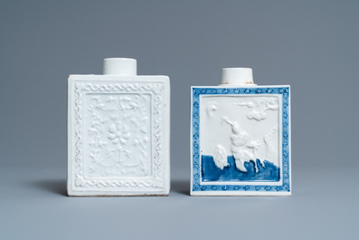 Two Chinese blanc de Chine and blue and white relief-moulded tea caddies, 19th C.