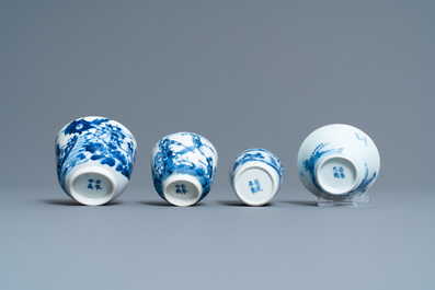 Four Chinese blue and white cups, 19th C.