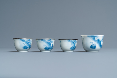 Vier Chinese blauw-witte 'Bleu de Hue' koppen voor de Vietnamese markt, Tu Duc merk, 19e eeuw