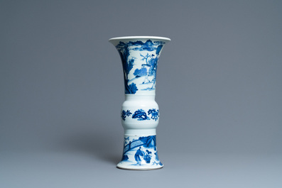 A Chinese blue and white 'gu' 'riders on horseback' vase, Kangxi