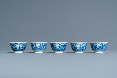 Five Chinese blue and white cups and saucers, Kangxi