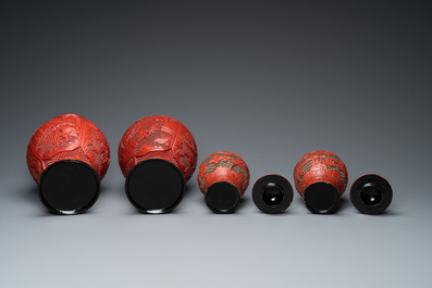 Two pairs of Chinese red cinnabar lacquer vases, 19/20th C.