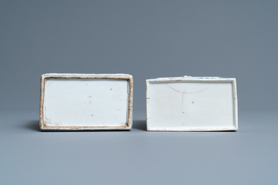 Two Chinese blanc de Chine and blue and white relief-moulded tea caddies, 19th C.