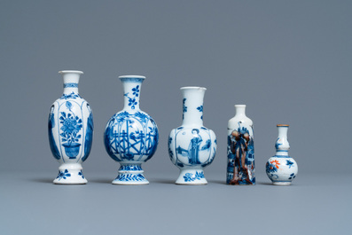 Five Chinese mostly blue and white vases, Kangxi