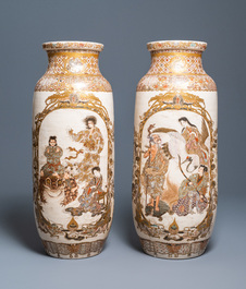 A pair of tall Japanese Satsuma vases, Meiji, 19th C.