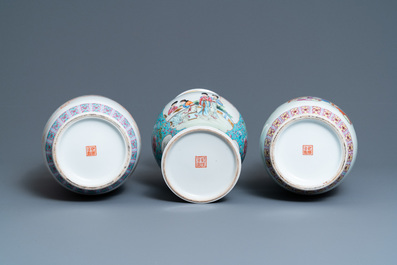 Drie Chinese famille rose vazen, Qianlong merken, Republiek