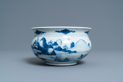 A Chinese blue and white censer with figures in a mountainous landscape, Kangxi