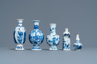 Five Chinese mostly blue and white vases, Kangxi