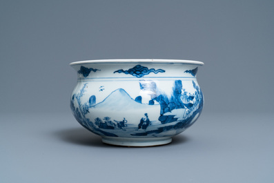 A Chinese blue and white censer with figures in a mountainous landscape, Kangxi