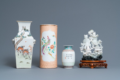 A Chinese qianjiang cai vase, three famille rose wares and a jadeite carving, 19/20th C.