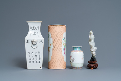 A Chinese qianjiang cai vase, three famille rose wares and a jadeite carving, 19/20th C.