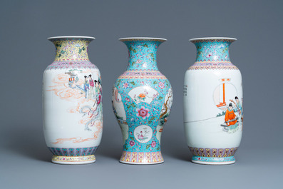 Drie Chinese famille rose vazen, Qianlong merken, Republiek