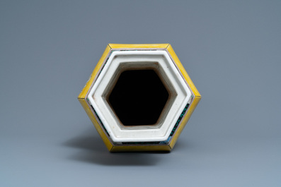 A Chinese hexagonal famille jaune vase, Kangxi mark, 19th C.