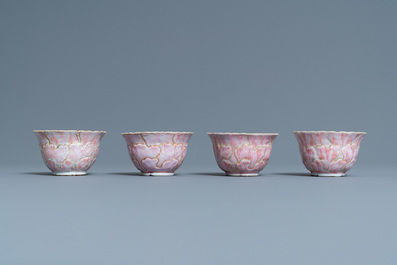 Four Chinese lotus-moulded famille rose cups and saucers with squirrels, Yongzheng