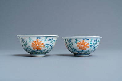 A pair of Chinese doucai bowls, four-character mark, 20th C.
