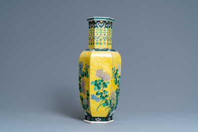 A Chinese hexagonal famille jaune vase, Kangxi mark, 19th C.
