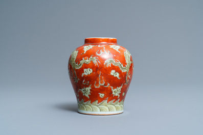 A small Chinese yellow and iron-red 'dragon' vase, Wanli mark, 19th C.