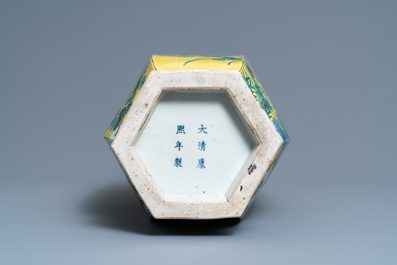 A Chinese hexagonal famille jaune vase, Kangxi mark, 19th C.
