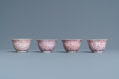 Four Chinese lotus-moulded famille rose cups and saucers with squirrels, Yongzheng