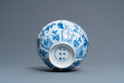 A Chinese blue and white lotus-molded 'Seven sages in the bamboo grove' bowl, Chenghua mark, Kangxi