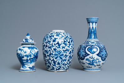 Three Chinese blue and white vases, 19th C.