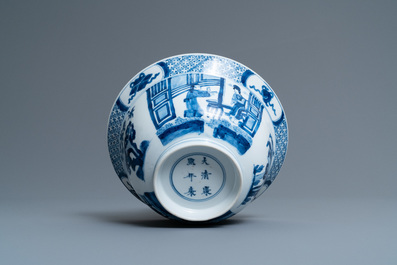 Een Chinese blauw-witte 'klapmuts' kom, Kangxi merk en periode