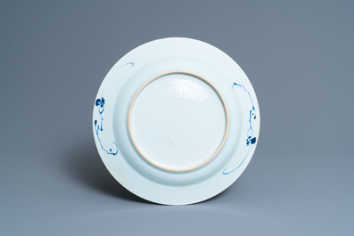 Three Chinese blue and white and famille rose dishes, Kangxi/Yongzheng