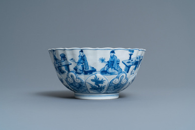 A Chinese blue and white lotus-molded 'Seven sages in the bamboo grove' bowl, Chenghua mark, Kangxi