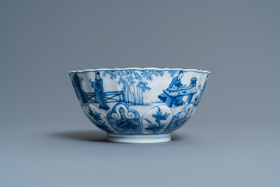 A Chinese blue and white lotus-molded 'Seven sages in the bamboo grove' bowl, Chenghua mark, Kangxi
