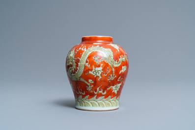 A small Chinese yellow and iron-red 'dragon' vase, Wanli mark, 19th C.