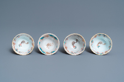 Four Chinese lotus-moulded famille rose cups and saucers with squirrels, Yongzheng