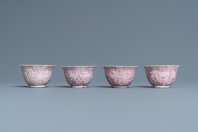 Four Chinese lotus-moulded famille rose cups and saucers with squirrels, Yongzheng
