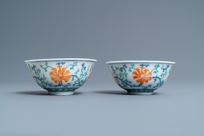 A pair of Chinese doucai bowls, four-character mark, 20th C.