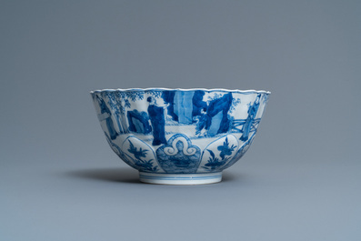 A Chinese blue and white lotus-molded 'Seven sages in the bamboo grove' bowl, Chenghua mark, Kangxi